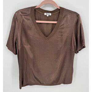 LA Made Womens Brown V-Neck Short Sleeve Satin Shirt